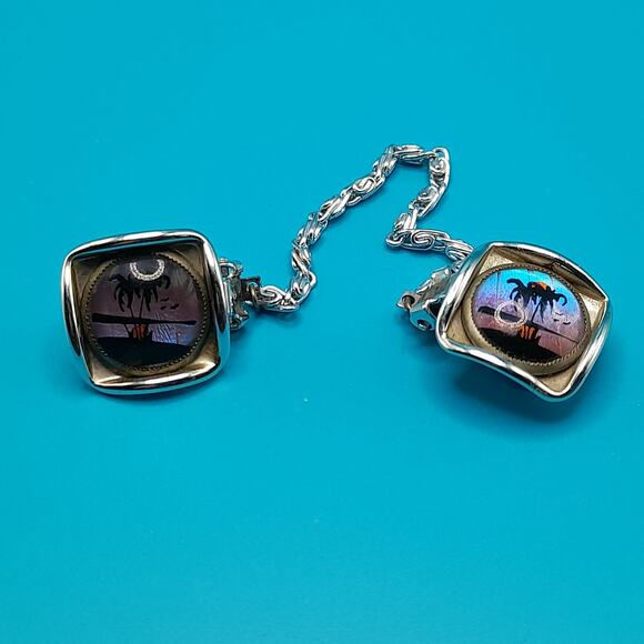 Vintage Iridescent Palm Scene Sweater Clips, 1950s Butterfly Wing Jewelry - Picture 4 of 10